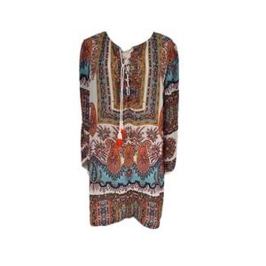 NWT Sharon Young Colorful Paisley Slit Long Sleeve Rayon Tunic Dress Boho‎ L